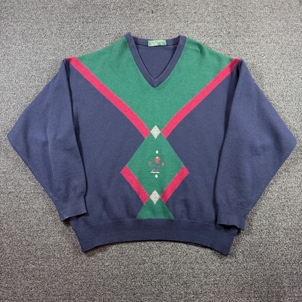 VTG Lyle & Scott V-Neck Sweater Men's XL Pure Lambswool Woolmark Geometric Golf